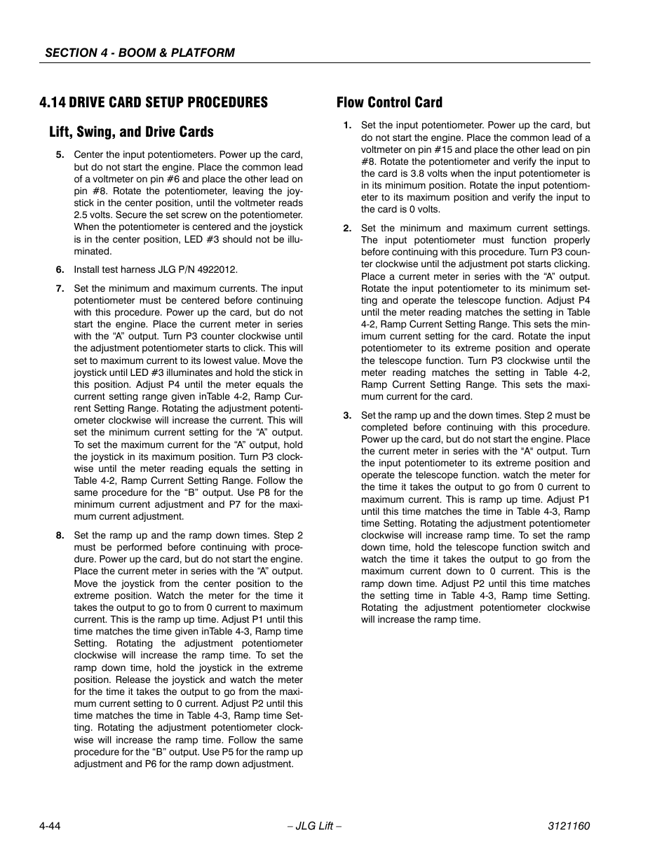 14 drive card setup procedures, Lift, swing, and drive cards, Flow control card | Drive card setup procedures -44 | JLG 740AJ Service Manual User Manual | Page 260 / 408