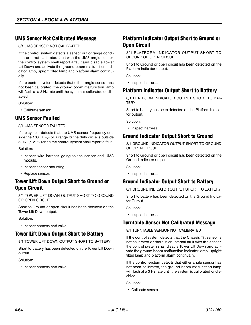 Ums sensor not calibrated message, Ums sensor faulted, Tower lift down output short to battery | Platform indicator output short to battery, Ground indicator output short to ground, Ground indicator output short to battery, Turntable sensor not calibrated message | JLG 740AJ Service Manual User Manual | Page 280 / 408