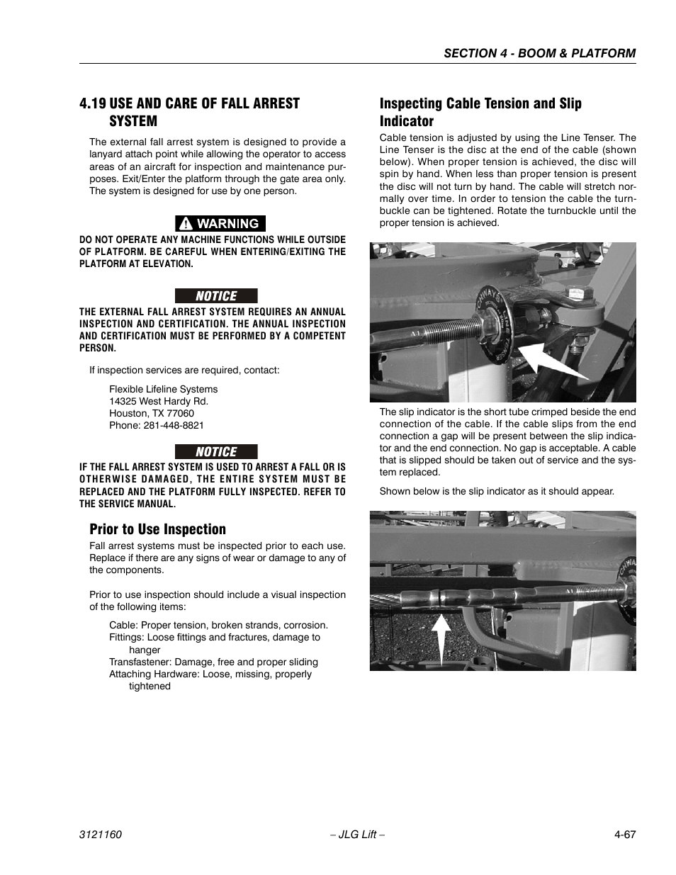 19 use and care of fall arrest system, Prior to use inspection, Inspecting cable tension and slip indicator | Use and care of fall arrest system -67 | JLG 740AJ Service Manual User Manual | Page 283 / 408