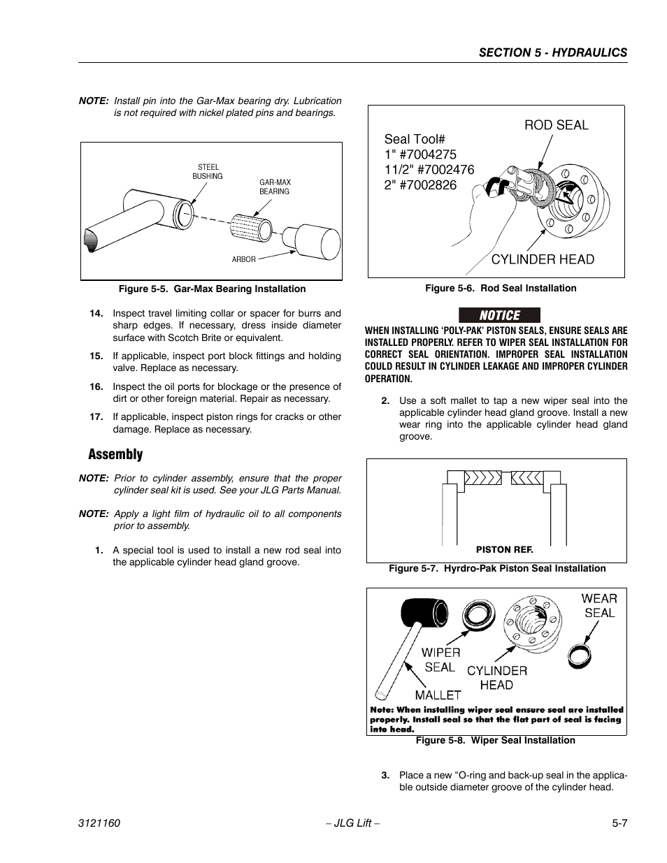 Assembly, Assembly -7, Gar-max bearing installation -7 | Rod seal installation -7, Hyrdro-pak piston seal installation -7, Wiper seal installation -7 | JLG 740AJ Service Manual User Manual | Page 293 / 408