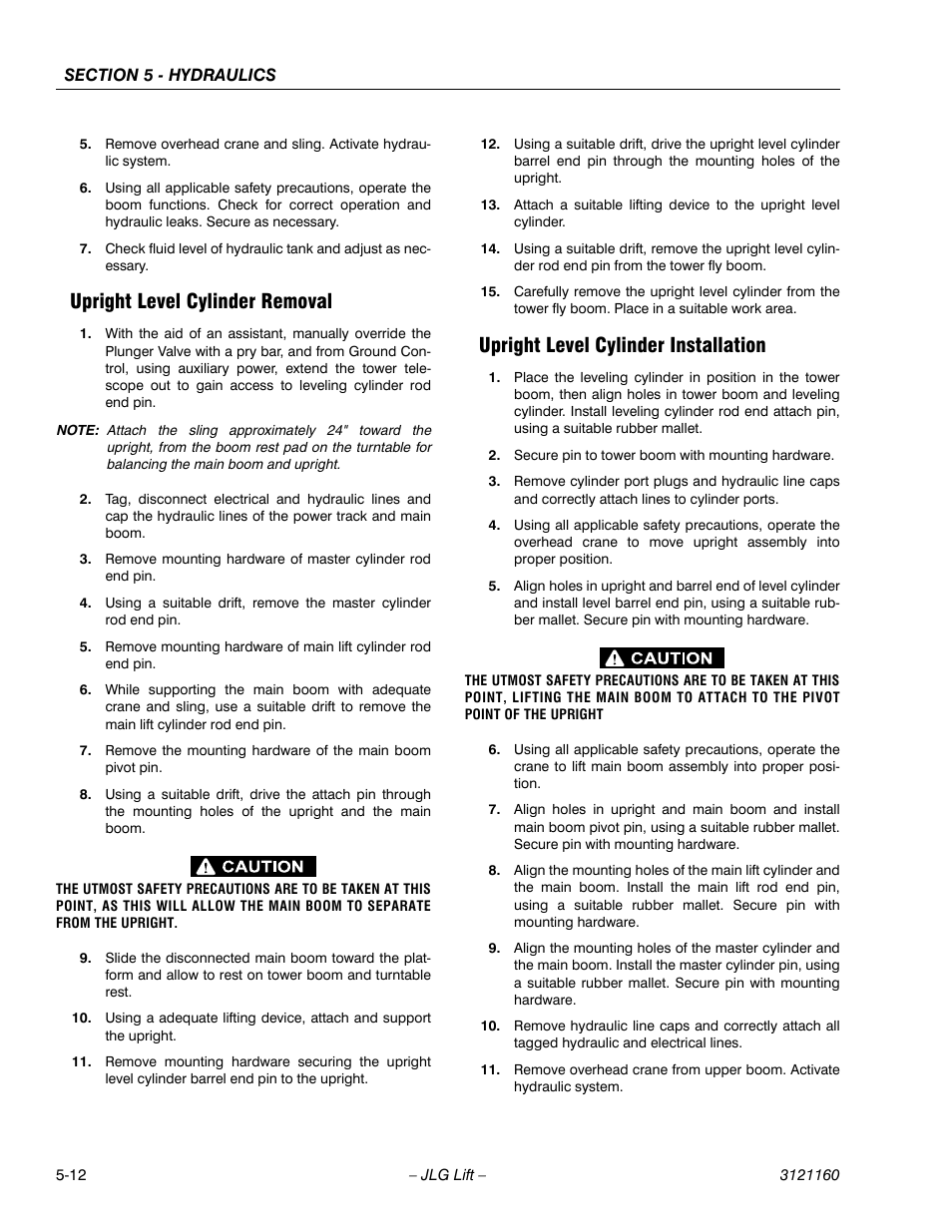 Upright level cylinder removal, Upright level cylinder installation | JLG 740AJ Service Manual User Manual | Page 298 / 408