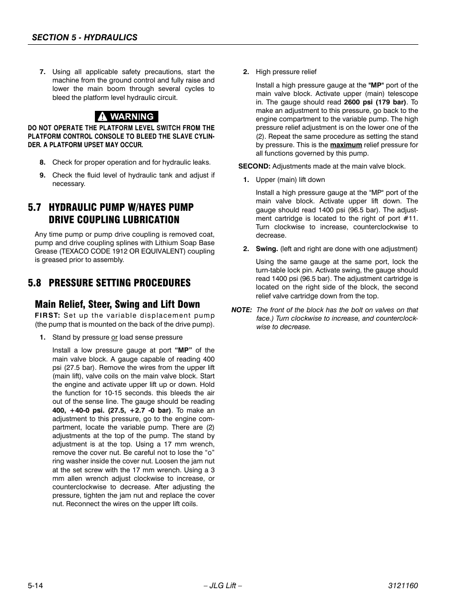 8 pressure setting procedures, Main relief, steer, swing and lift down, Pressure setting procedures -14 | Main relief, steer, swing and lift down -14 | JLG 740AJ Service Manual User Manual | Page 300 / 408