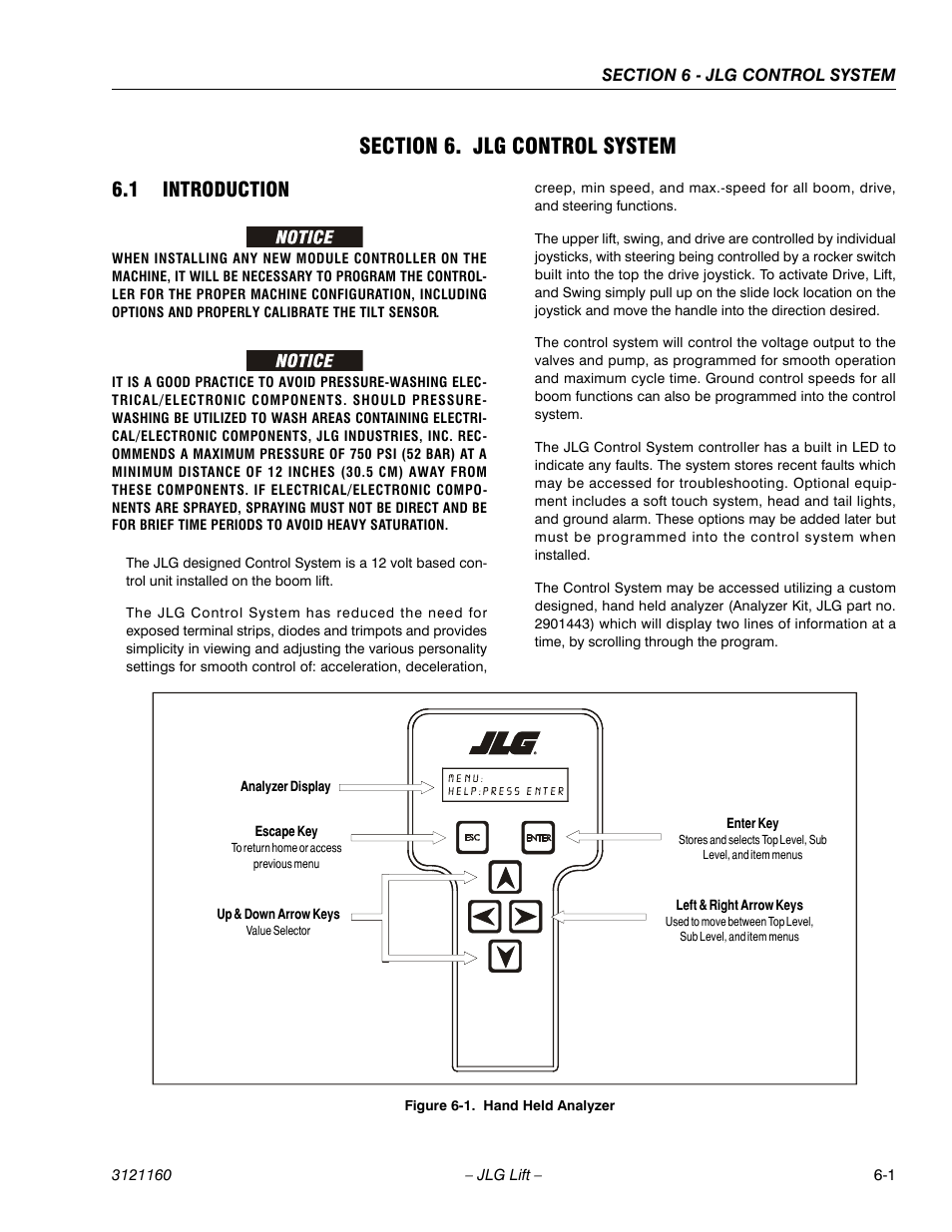 Section 6. jlg control system, 1 introduction, Section 6 - jlg control system | Introduction -1, Hand held analyzer -1 | JLG 740AJ Service Manual User Manual | Page 317 / 408