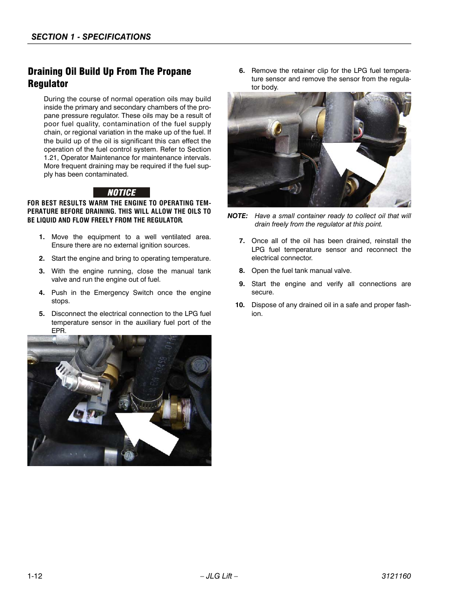 Draining oil build up from the propane regulator | JLG 740AJ Service Manual User Manual | Page 32 / 408