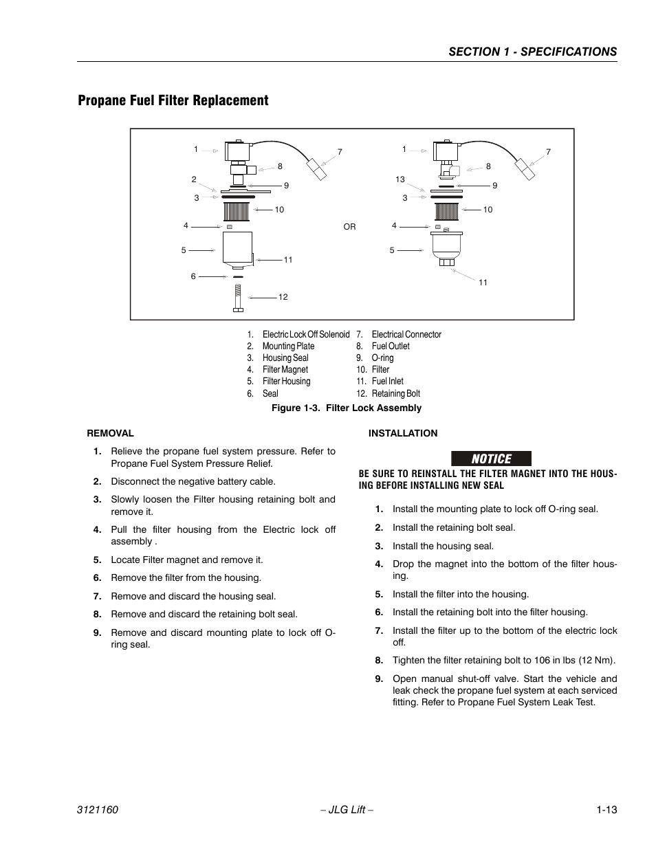 Propane fuel filter replacement, Propane fuel filter replacement -13, Filter lock assembly -13 | JLG 740AJ Service Manual User Manual | Page 33 / 408