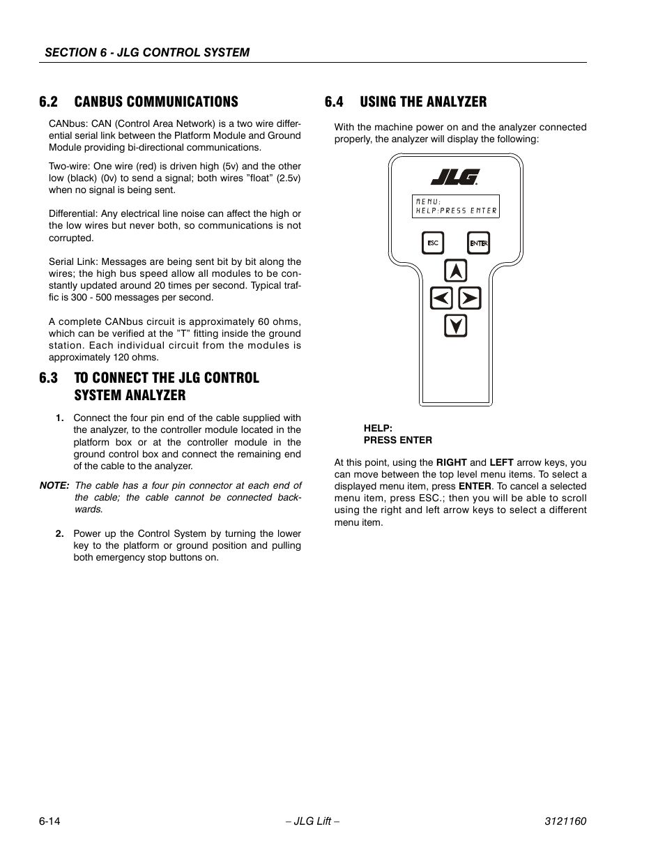 2 canbus communications, 3 to connect the jlg control system analyzer, 4 using the analyzer | Canbus communications -14, To connect the jlg control system analyzer -14, Using the analyzer -14 | JLG 740AJ Service Manual User Manual | Page 330 / 408