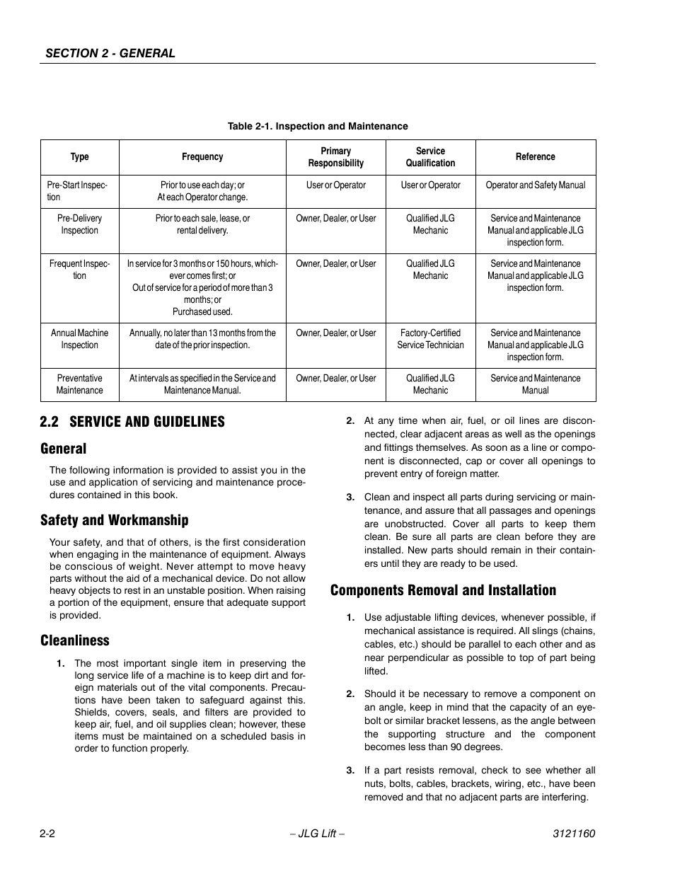 2 service and guidelines, General, Safety and workmanship | Cleanliness, Components removal and installation, Service and guidelines -2, Inspection and maintenance -2, 2 service and guidelines general | JLG 740AJ Service Manual User Manual | Page 42 / 408