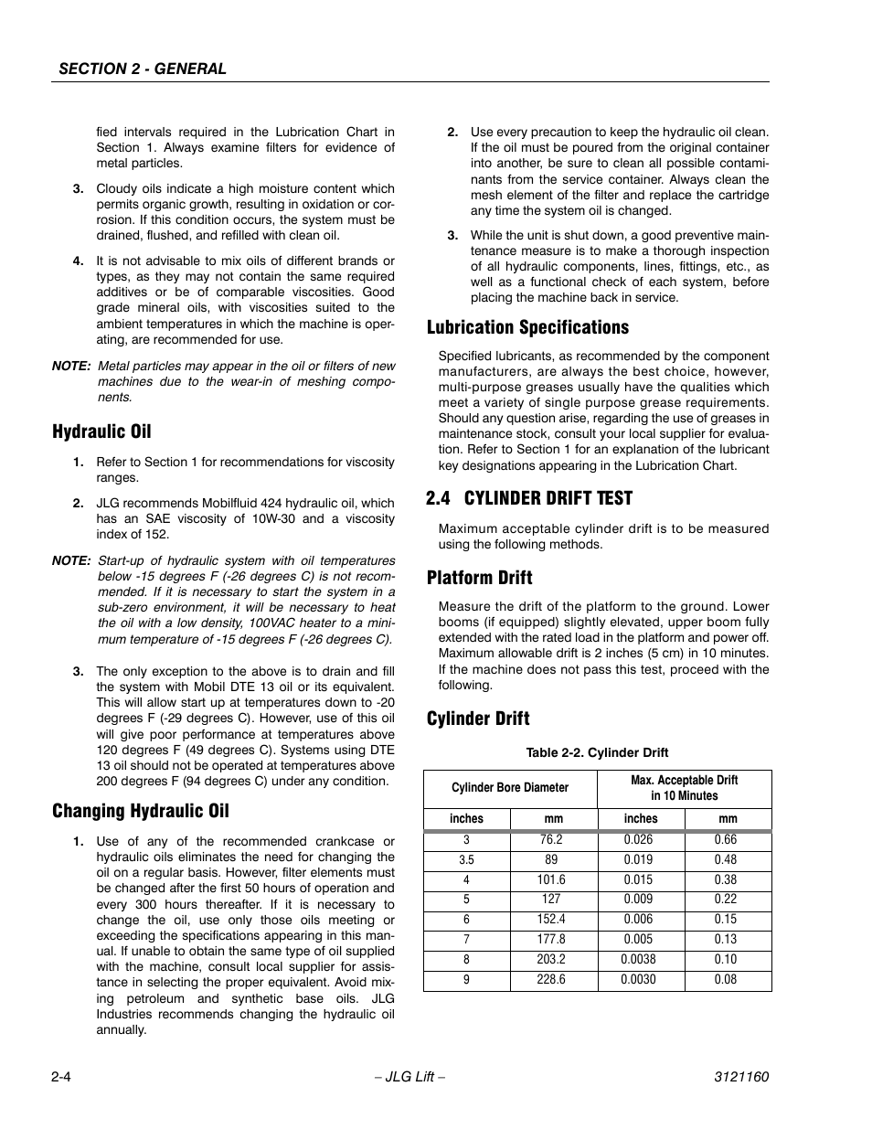 Hydraulic oil, Changing hydraulic oil, Lubrication specifications | 4 cylinder drift test, Platform drift, Cylinder drift, Cylinder drift test -4, Platform drift -4 cylinder drift -4, Cylinder drift -4 | JLG 740AJ Service Manual User Manual | Page 44 / 408