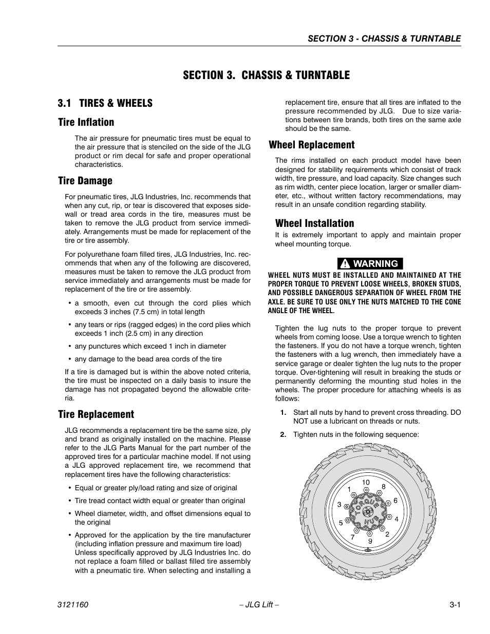 Section 3. chassis & turntable, 1 tires & wheels, Tire inflation | Tire damage, Tire replacement, Wheel replacement, Wheel installation, Section 3 - chassis & turntable, Tires & wheels -1, 1 tires & wheels tire inflation | JLG 740AJ Service Manual User Manual | Page 53 / 408