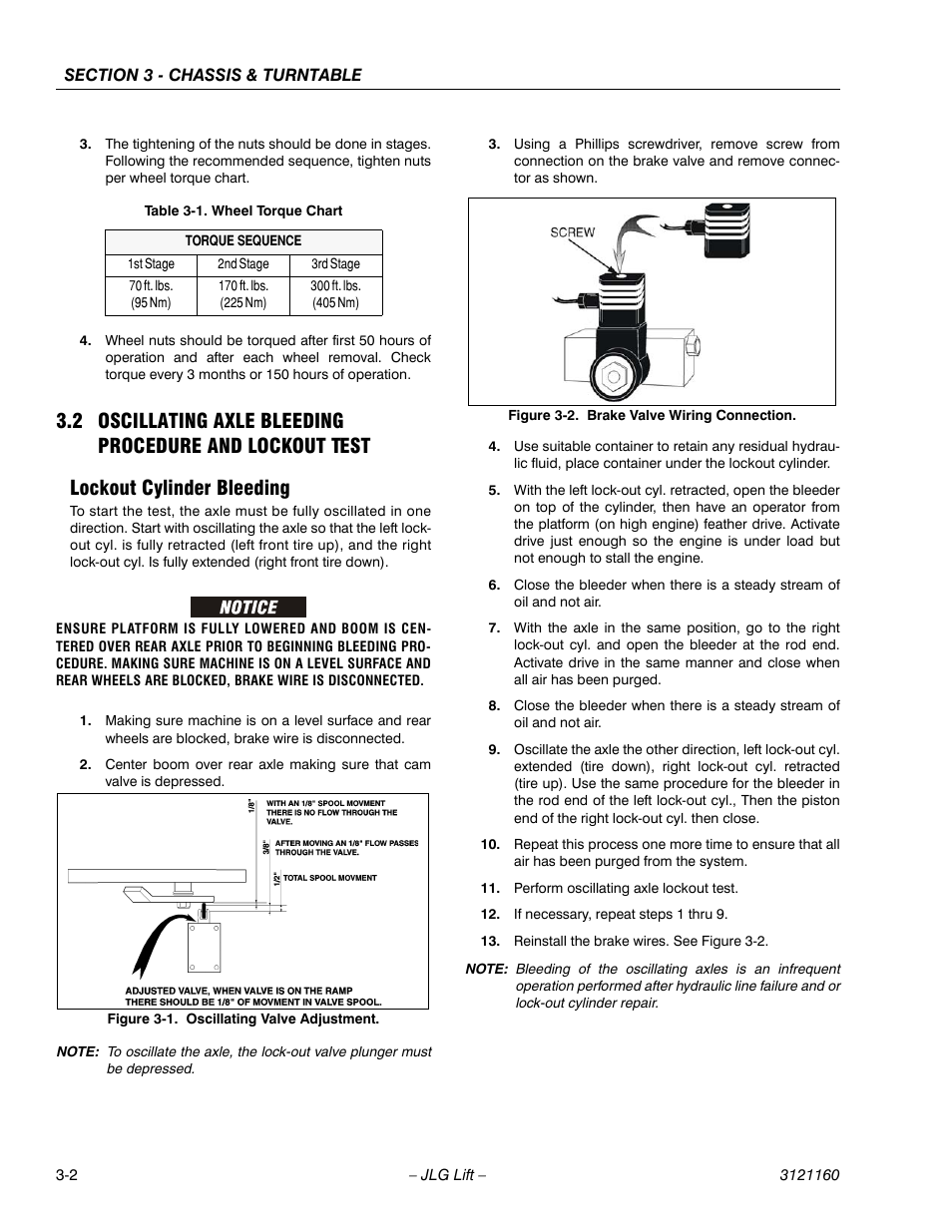 Lockout cylinder bleeding, Lockout cylinder bleeding -2, Oscillating valve adjustment -2 | Brake valve wiring connection -2, Wheel torque chart -2 | JLG 740AJ Service Manual User Manual | Page 54 / 408