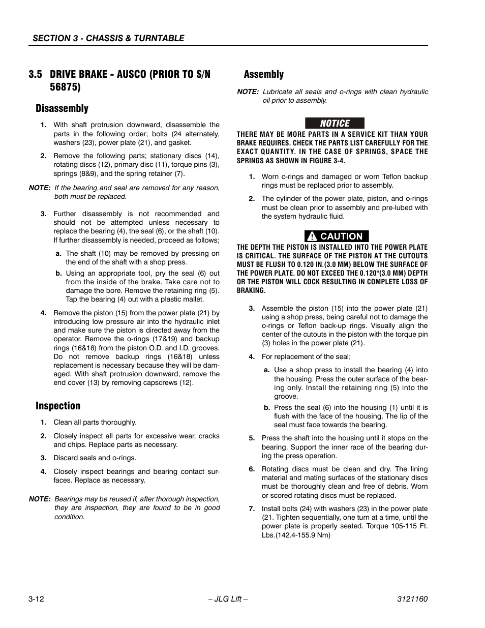 5 drive brake - ausco (prior to s/n 56875), Disassembly, Inspection | Assembly, Drive brake - ausco (prior to s/n 56875) -12, Disassembly -12 inspection -12 assembly -12 | JLG 740AJ Service Manual User Manual | Page 64 / 408
