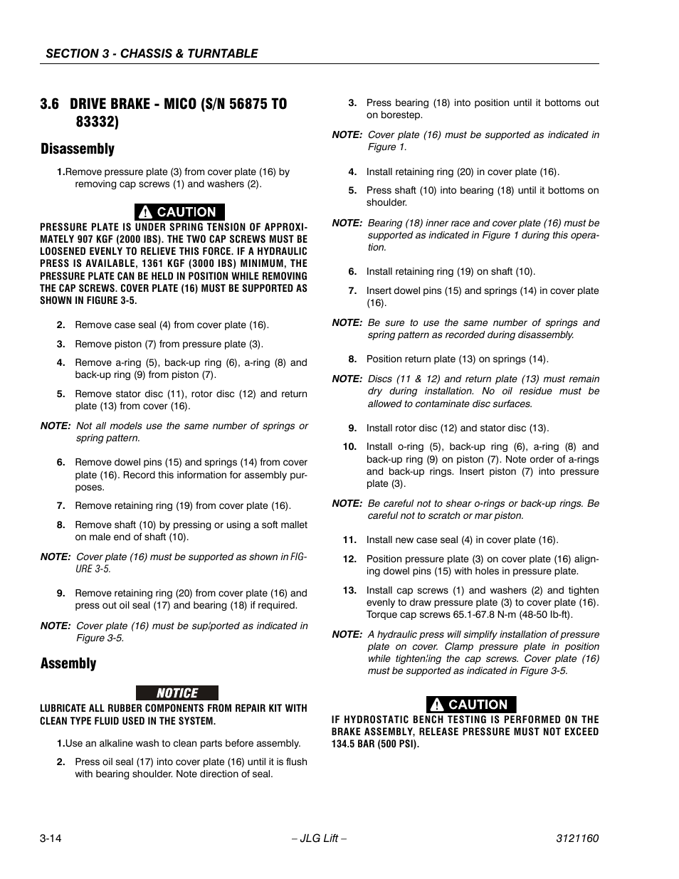 6 drive brake - mico (s/n 56875 to 83332), Disassembly, Assembly | Drive brake - mico (s/n 56875 to 83332) -14, Disassembly -14 assembly -14 | JLG 740AJ Service Manual User Manual | Page 66 / 408