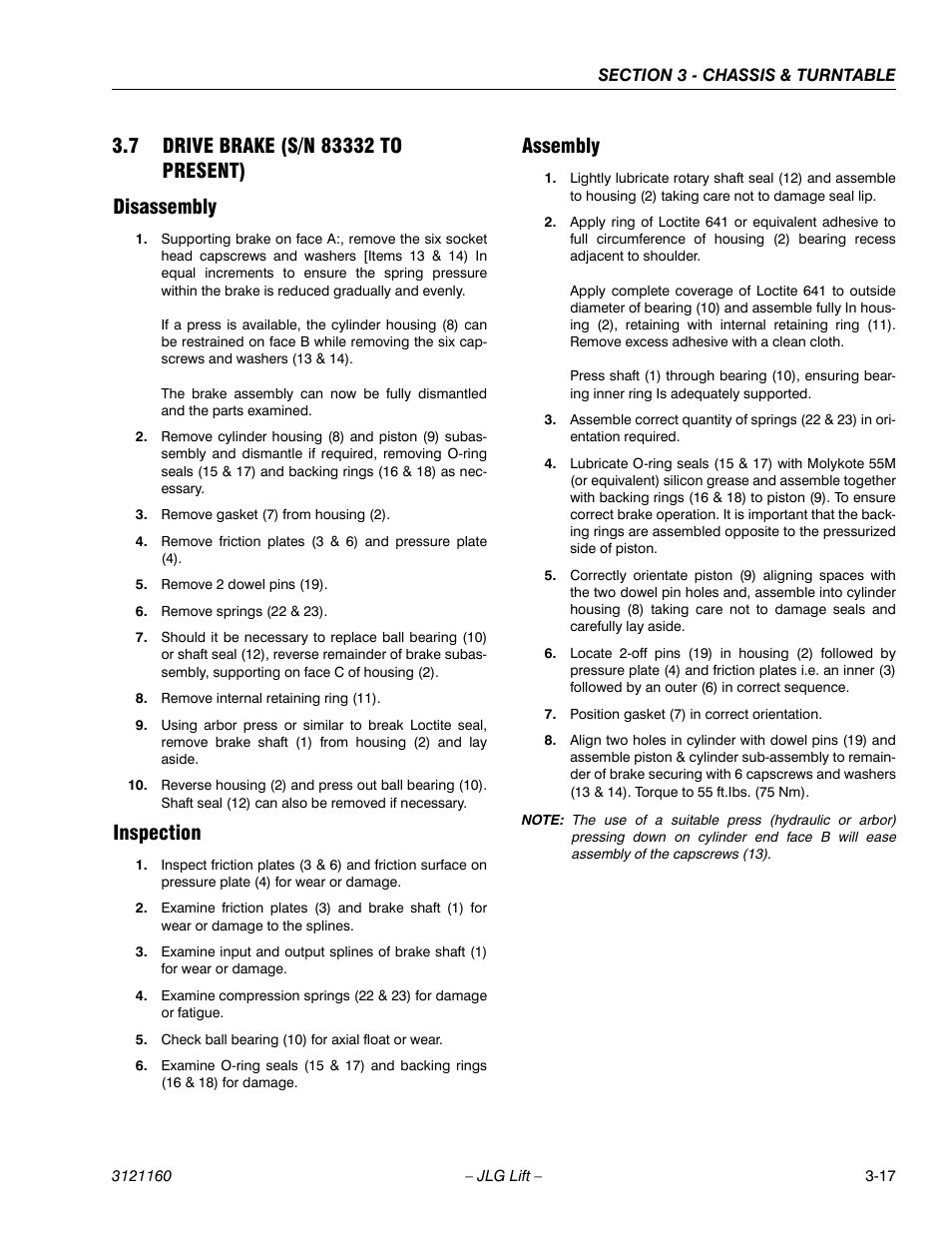 7 drive brake (s/n 83332 to present), Disassembly, Inspection | Assembly, Drive brake (s/n 83332 to present) -17, Disassembly -17 inspection -17 assembly -17 | JLG 740AJ Service Manual User Manual | Page 69 / 408