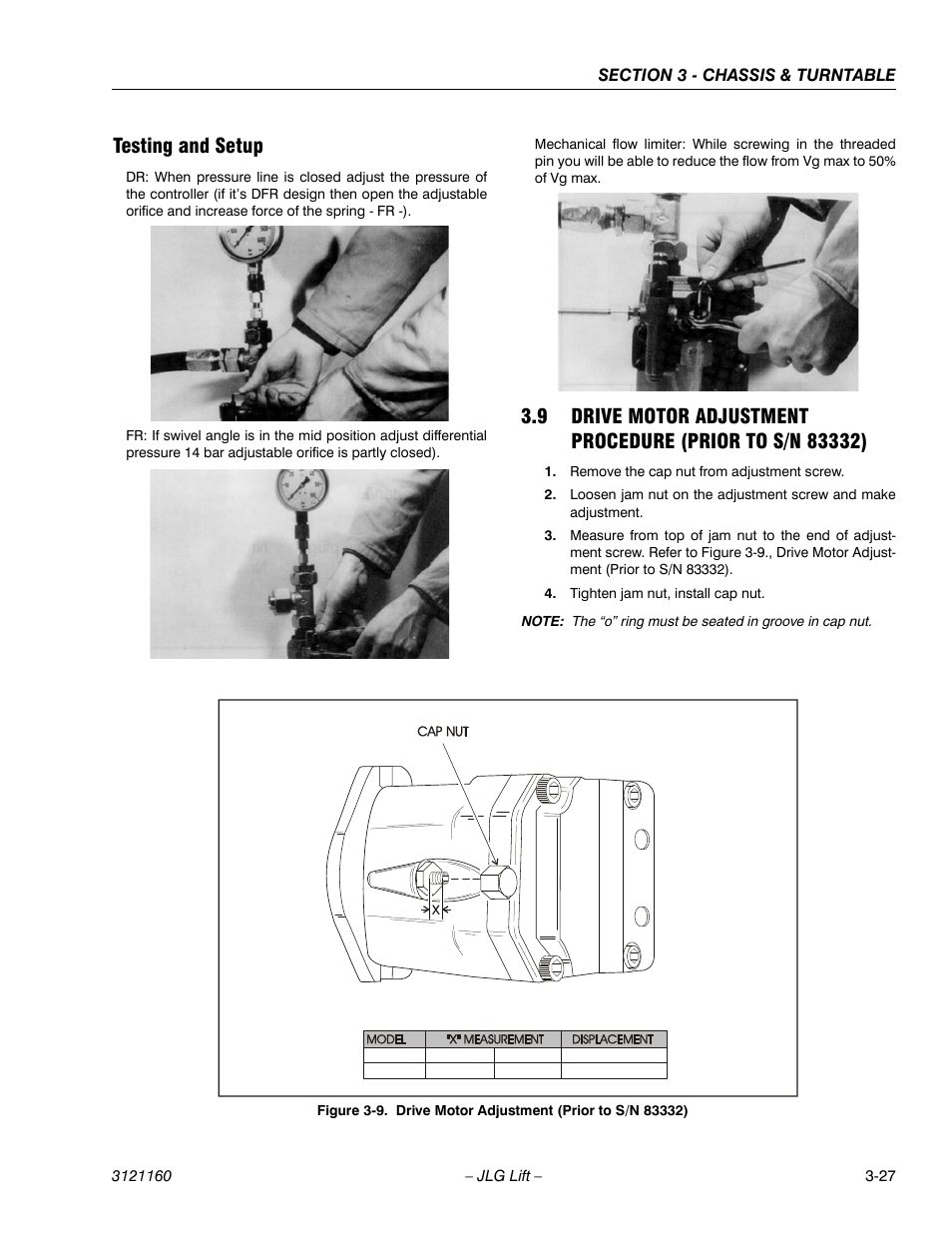 Testing and setup, Testing and setup -27, Drive motor adjustment (prior to s/n 83332) -27 | JLG 740AJ Service Manual User Manual | Page 79 / 408