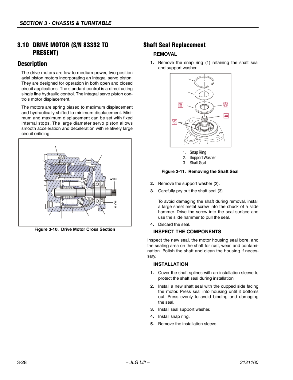 10 drive motor (s/n 83332 to present), Description, Shaft seal replacement | Drive motor (s/n 83332 to present) -28, Description -28 shaft seal replacement -28, Drive motor cross section -28, Removing the shaft seal -28 | JLG 740AJ Service Manual User Manual | Page 80 / 408