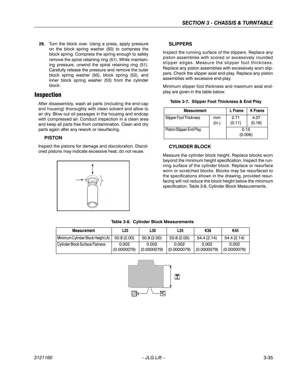 Inspection, Inspection -35, Slipper foot thickness & end play -35 | Cylinder block measurements -35 | JLG 740AJ Service Manual User Manual | Page 87 / 408