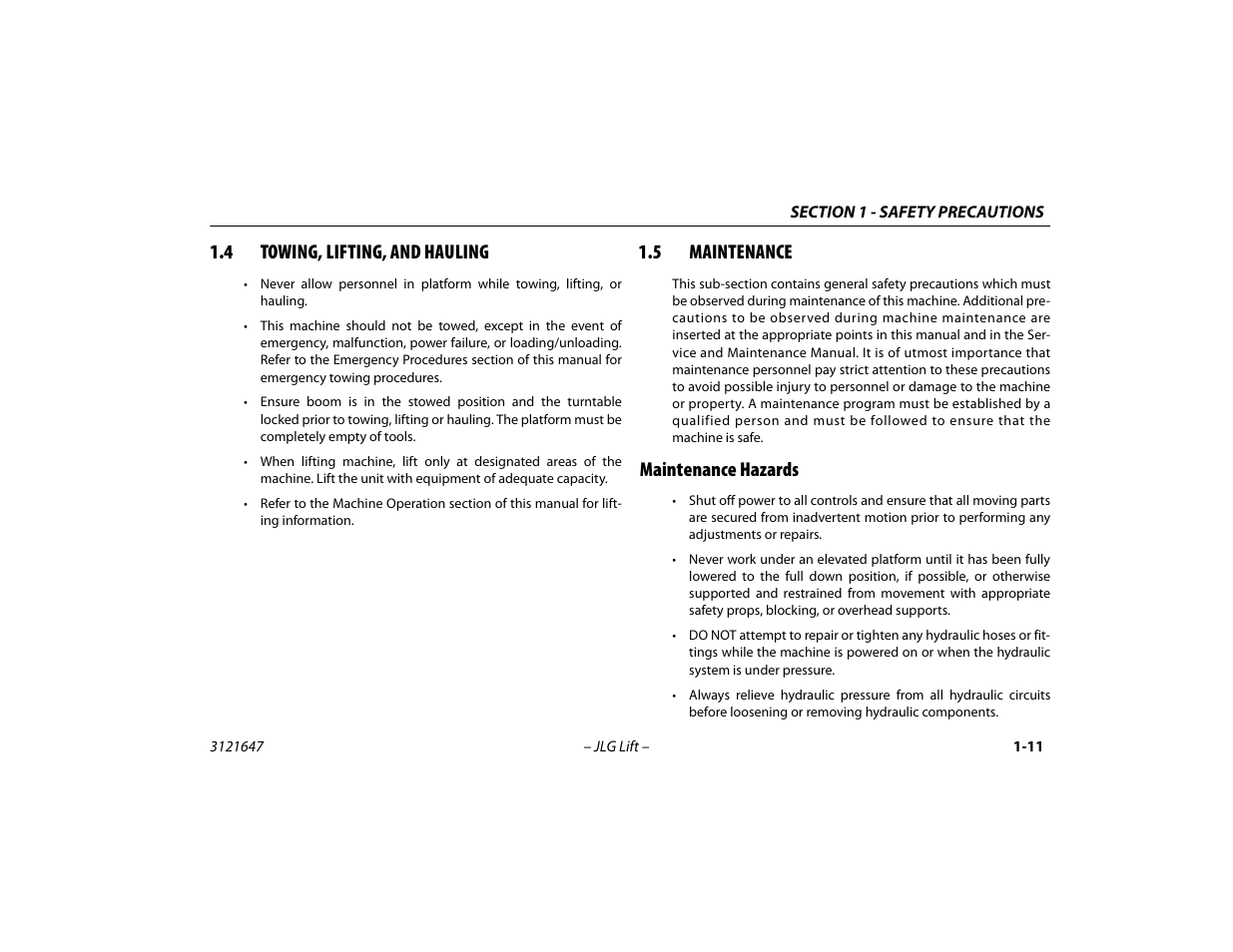 4 towing, lifting, and hauling, 5 maintenance, Maintenance hazards | Towing, lifting, and hauling -11, Maintenance -11, Maintenance hazards -11 | JLG M450 Operator Manual User Manual | Page 21 / 106