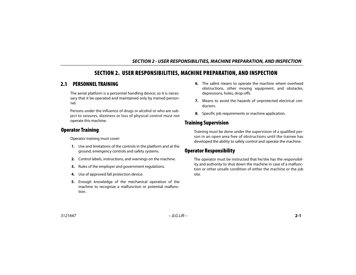 1 personnel training, Operator training, Training supervision | Operator responsibility, Personnel training -1 | JLG M450 Operator Manual User Manual | Page 25 / 106