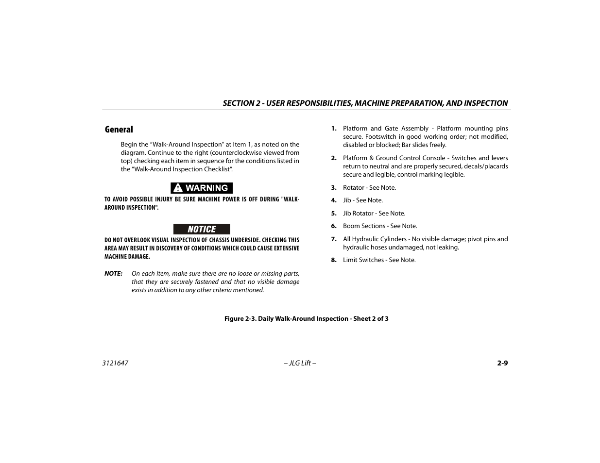 General -9, Daily walk-around inspection - sheet 2 of 3 -9, General | JLG M450 Operator Manual User Manual | Page 33 / 106