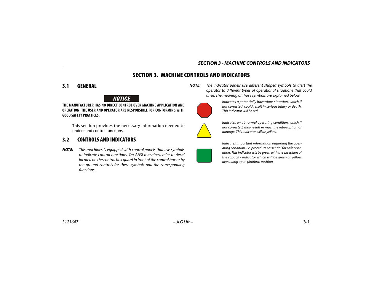 Section 3. machine controls and indicators, 1 general, 2 controls and indicators | Section - 3 - machine controls and indicators, General -1, Controls and indicators -1 | JLG M450 Operator Manual User Manual | Page 35 / 106