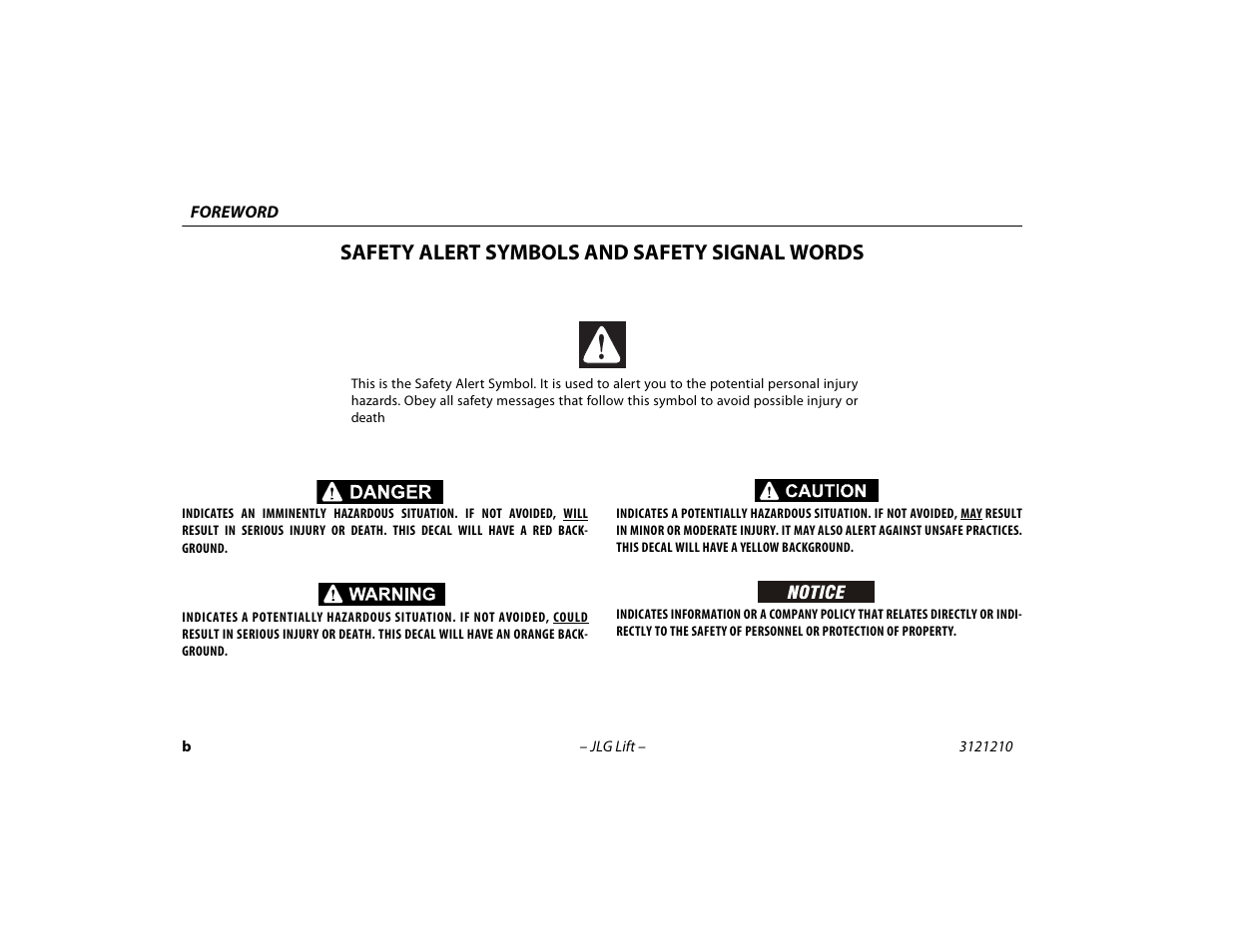 Safety alert symbols and safety signal words | JLG M450 Operator Manual User Manual | Page 4 / 106
