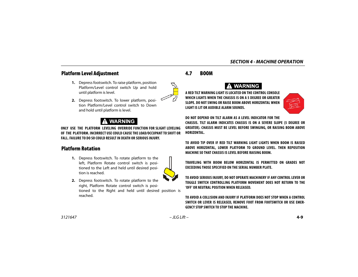 Platform level adjustment, Platform rotation, 7 boom | Platform level adjustment -9 platform rotation -9, Boom -9 | JLG M450 Operator Manual User Manual | Page 59 / 106