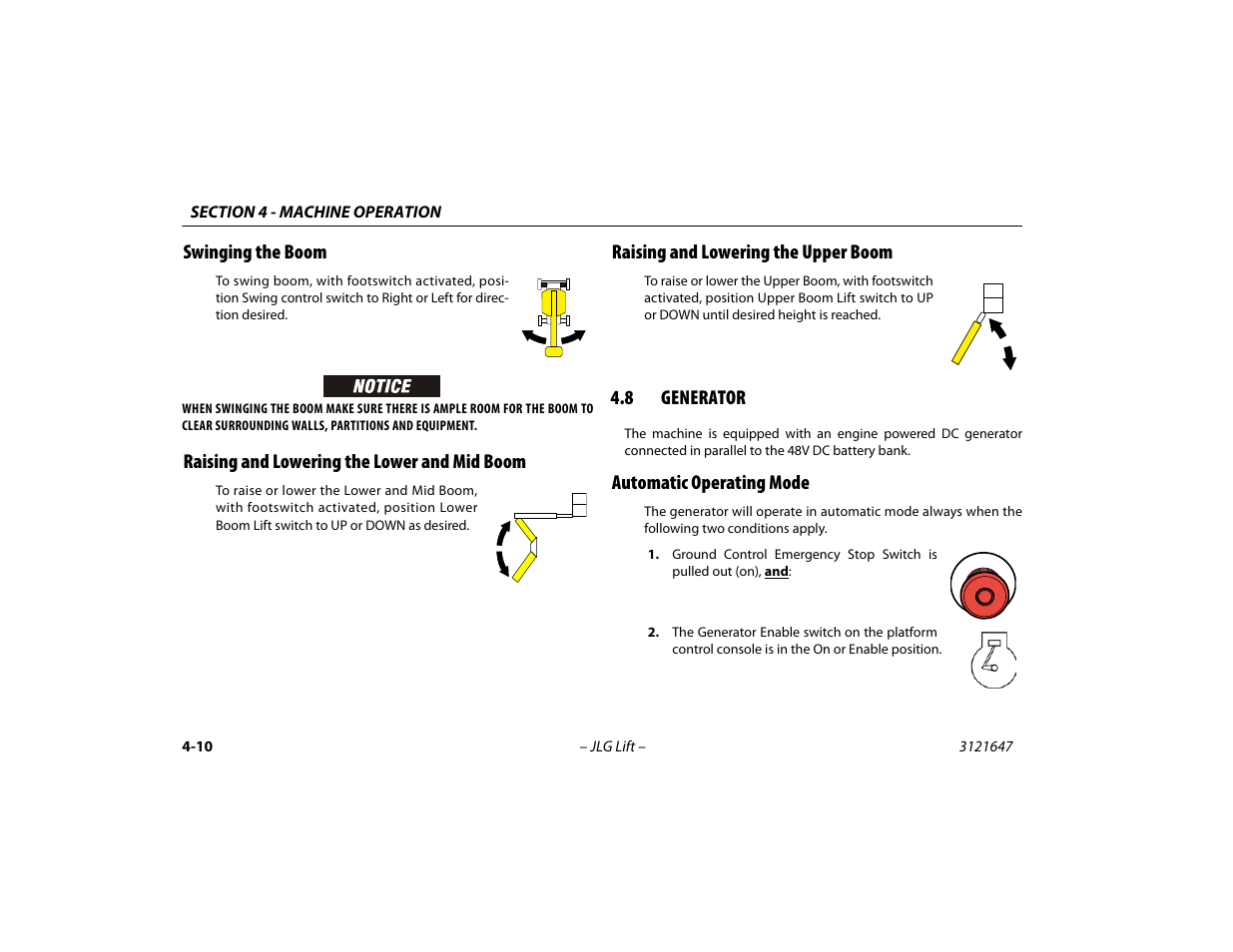 Swinging the boom, Raising and lowering the lower and mid boom, Raising and lowering the upper boom | 8 generator, Automatic operating mode, Generator -10, Automatic operating mode -10 | JLG M450 Operator Manual User Manual | Page 60 / 106