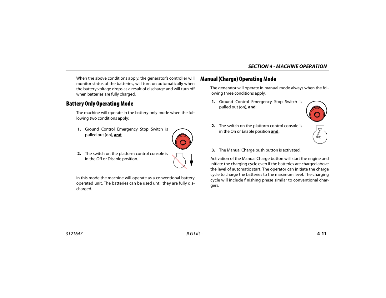 Battery only operating mode, Manual (charge) operating mode | JLG M450 Operator Manual User Manual | Page 61 / 106
