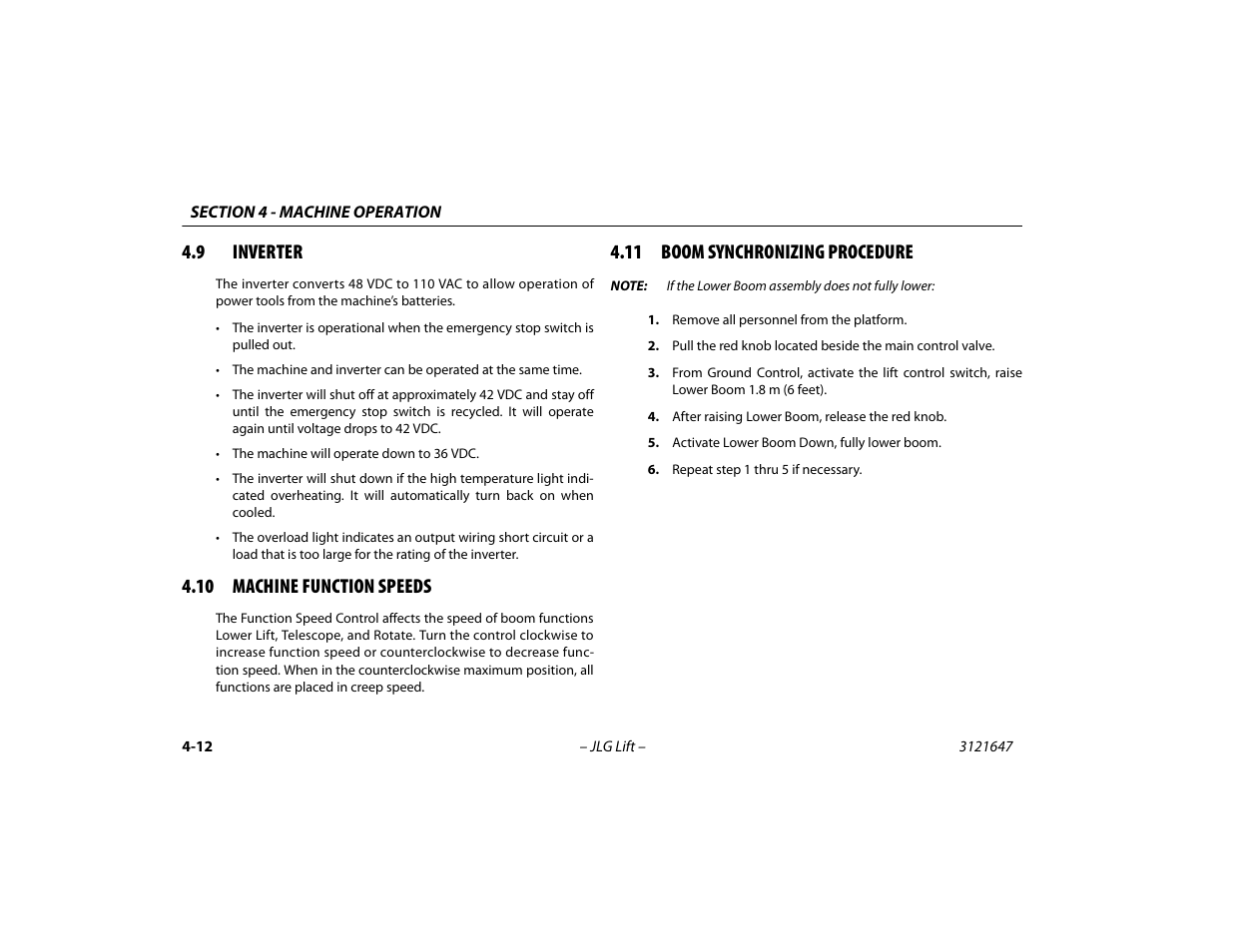 9 inverter, 10 machine function speeds, 11 boom synchronizing procedure | Inverter -12 | JLG M450 Operator Manual User Manual | Page 62 / 106