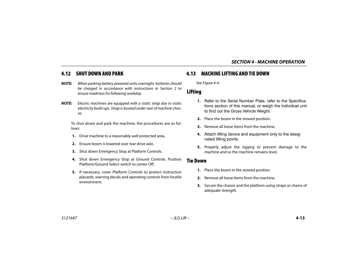 12 shut down and park, 13 machine lifting and tie down, Lifting | Tie down, Lifting -13 tie down -13 | JLG M450 Operator Manual User Manual | Page 63 / 106