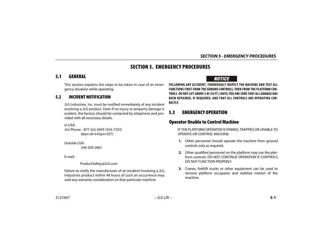 Section 5. emergency procedures, 1 general, 2 incident notification | 3 emergency operation, Operator unable to control machine, Section - 5 - emergency procedures, General -1, Incident notification -1, Emergency operation -1, Operator unable to control machine -1 | JLG M450 Operator Manual User Manual | Page 79 / 106