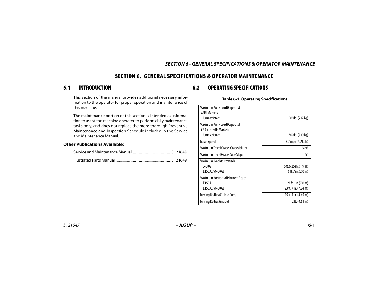 1 introduction, 2 operating specifications, Introduction -1 | Operating specifications -1 | JLG M450 Operator Manual User Manual | Page 81 / 106