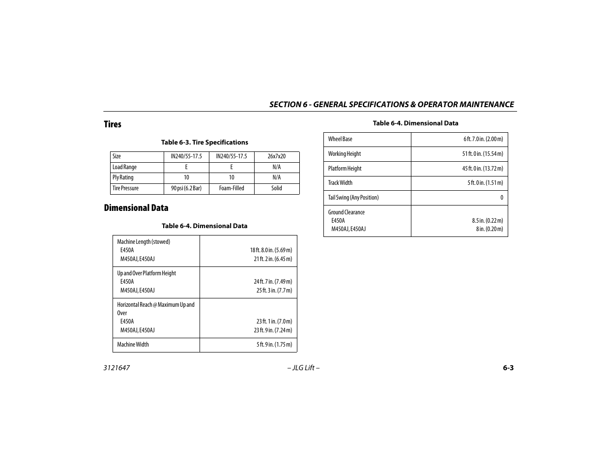Tires, Dimensional data, Tires -3 dimensional data -3 | Tire specifications -3, Dimensional data -3, Tires dimensional data | JLG M450 Operator Manual User Manual | Page 83 / 106