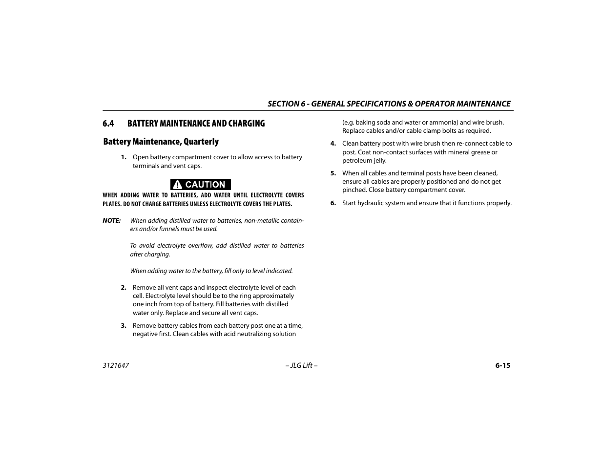 4 battery maintenance and charging, Battery maintenance, quarterly, Battery maintenance and charging -15 | Battery maintenance, quarterly -15 | JLG M450 Operator Manual User Manual | Page 95 / 106