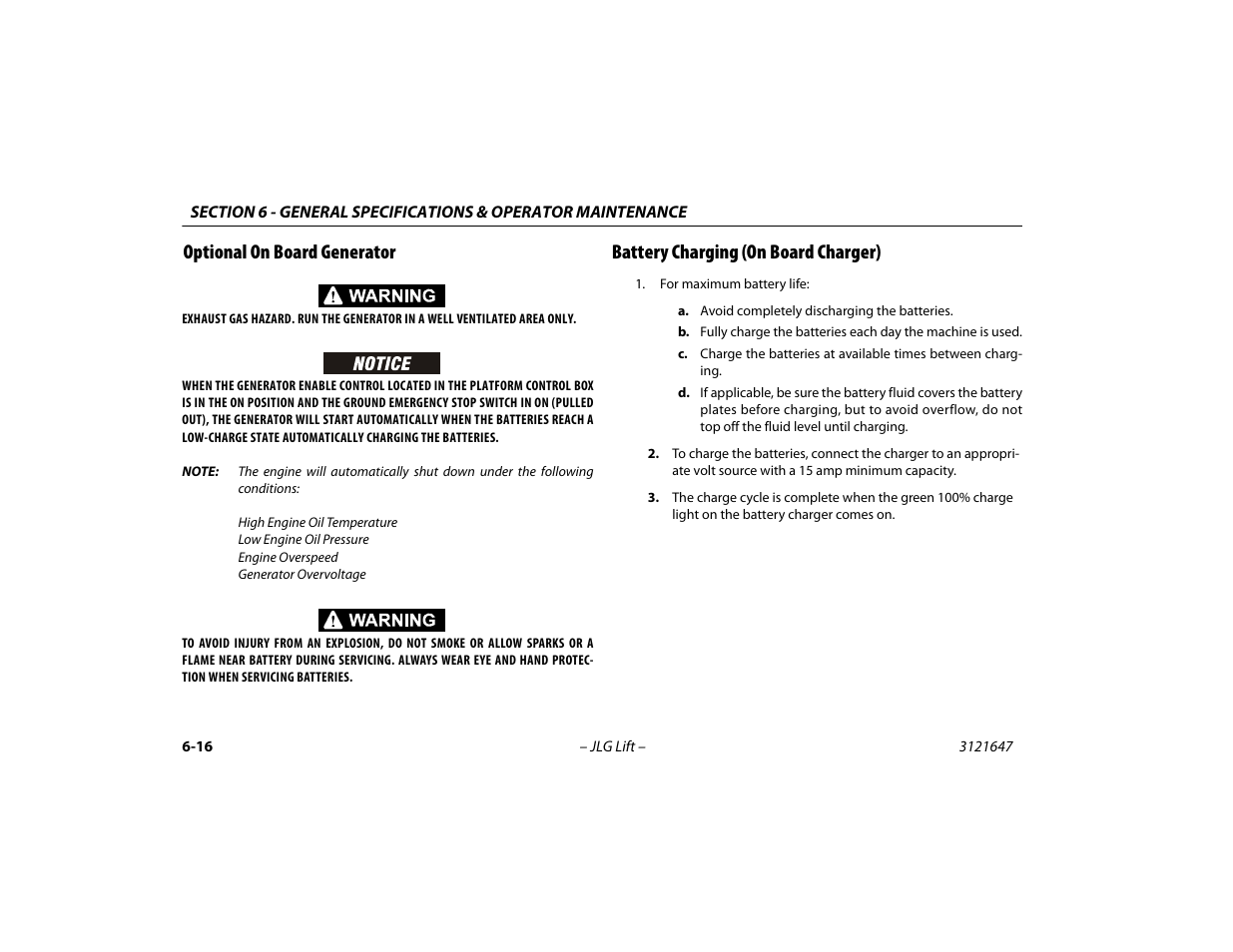 Optional on board generator, Battery charging (on board charger) | JLG M450 Operator Manual User Manual | Page 96 / 106