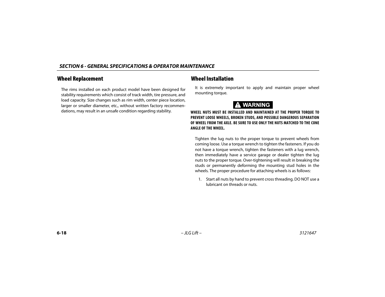 Wheel replacement, Wheel installation, Wheel replacement -18 wheel installation -18 | JLG M450 Operator Manual User Manual | Page 98 / 106