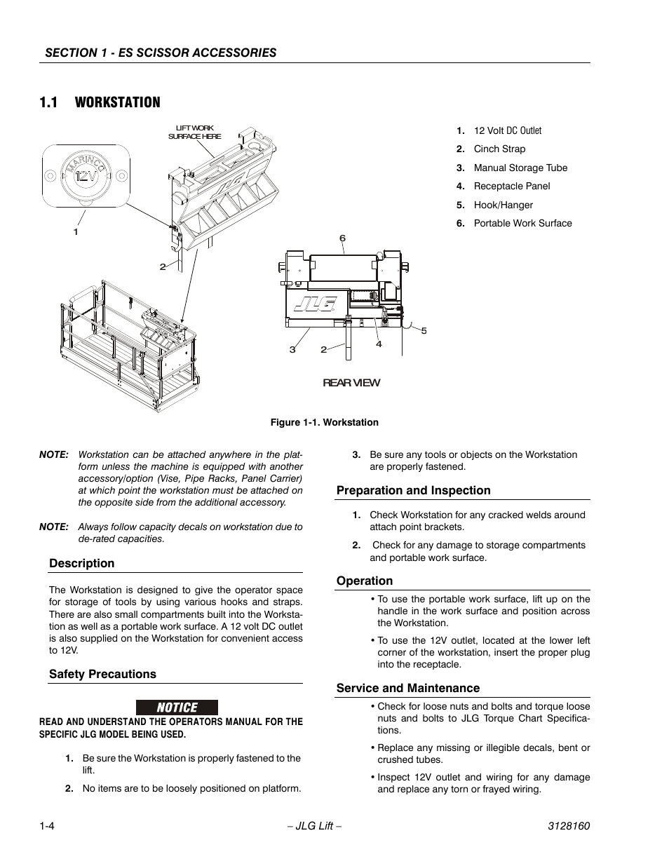 1 workstation, Description, Safety precautions | Preparation and inspection, Operation, Service and maintenance, Workstation -4 | JLG Workstation in the Sky-Scissor Lifts User Manual | Page 12 / 54