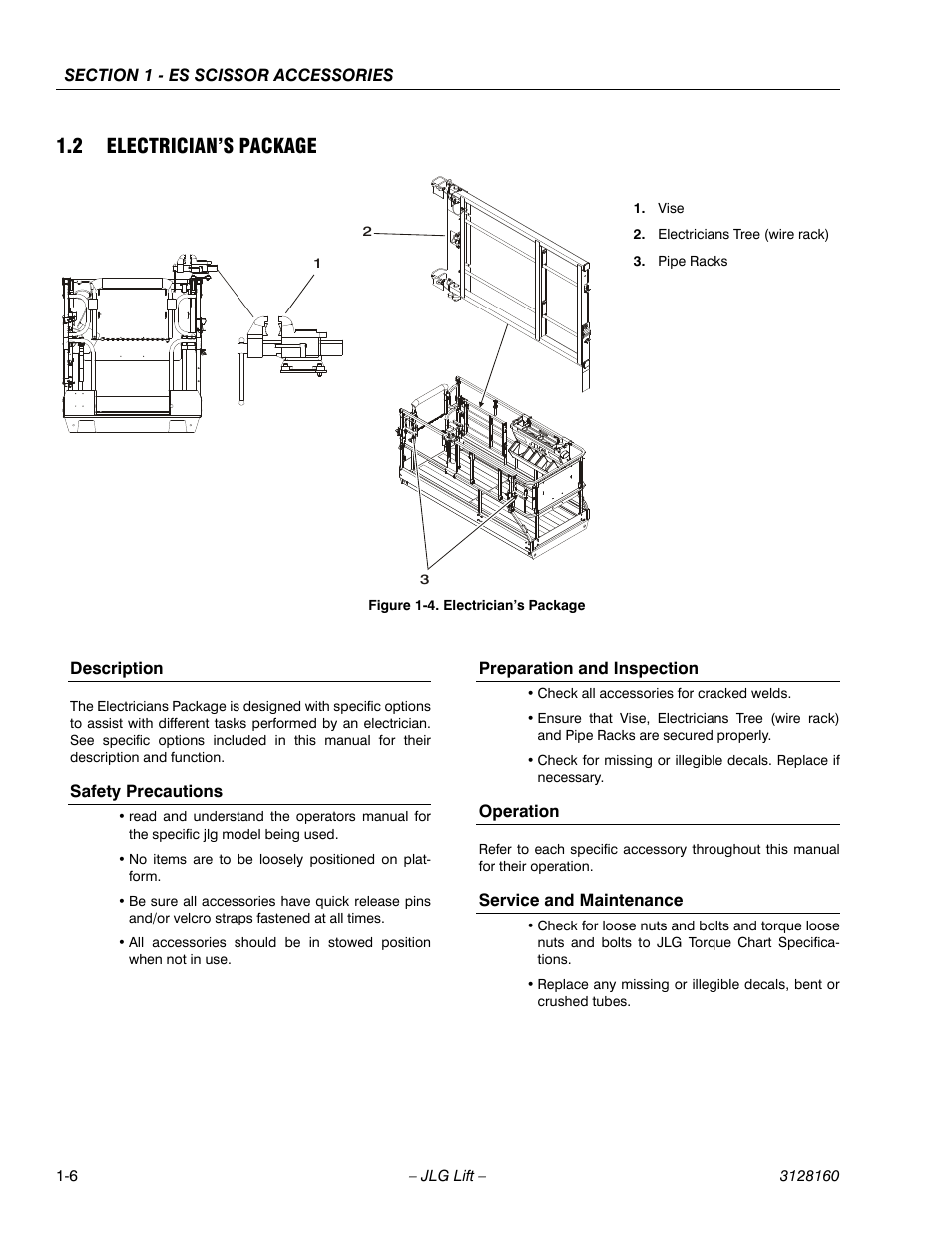 2 electrician’s package, Description, Safety precautions | Preparation and inspection, Operation, Service and maintenance, Electrician’s package -6 | JLG Workstation in the Sky-Scissor Lifts User Manual | Page 14 / 54