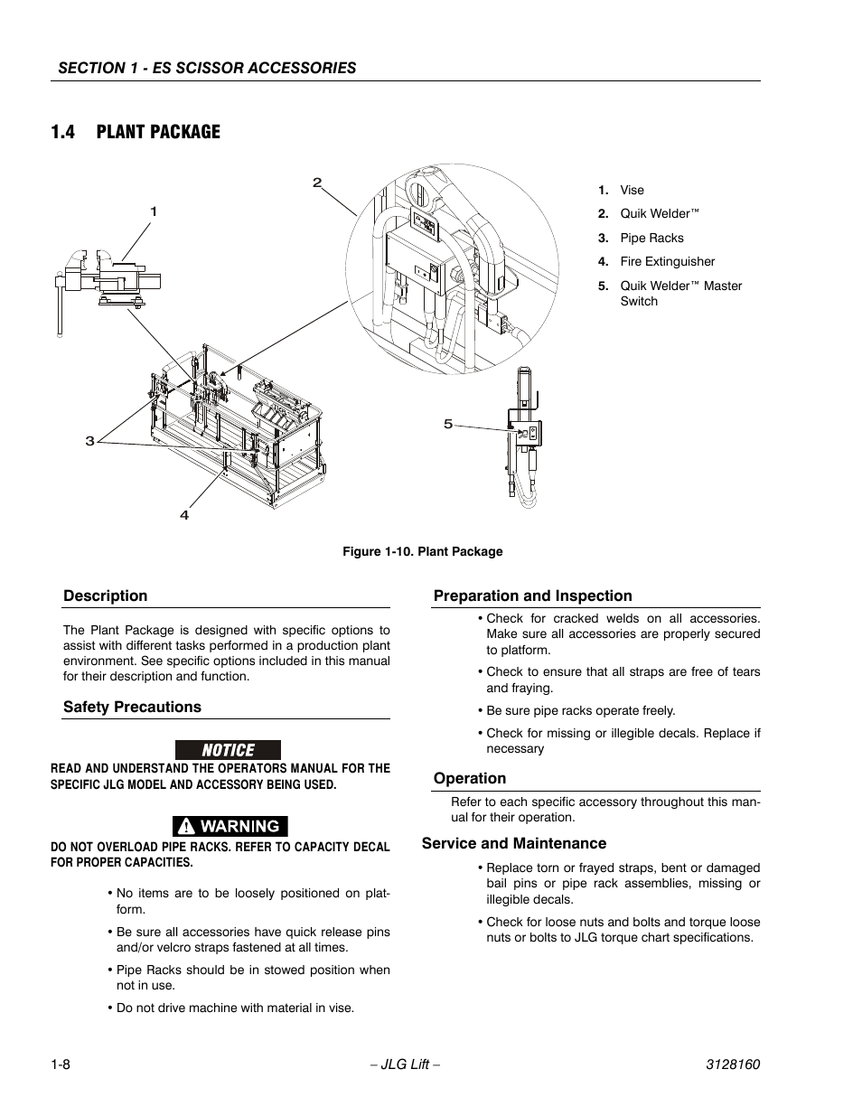 4 plant package, Description, Safety precautions | Preparation and inspection, Operation, Service and maintenance, Plant package -8 | JLG Workstation in the Sky-Scissor Lifts User Manual | Page 16 / 54