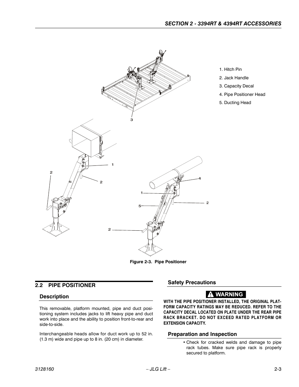 2 pipe positioner, Description, Safety precautions | Preparation and inspection, Pipe positioner -3, 2 pipe positioner description | JLG Workstation in the Sky-Scissor Lifts User Manual | Page 25 / 54