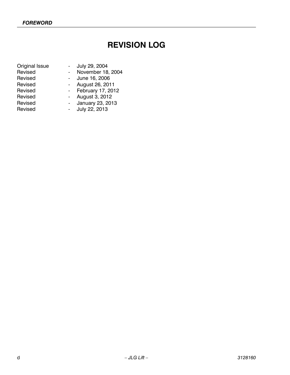 Revision log | JLG Workstation in the Sky-Scissor Lifts User Manual | Page 6 / 54