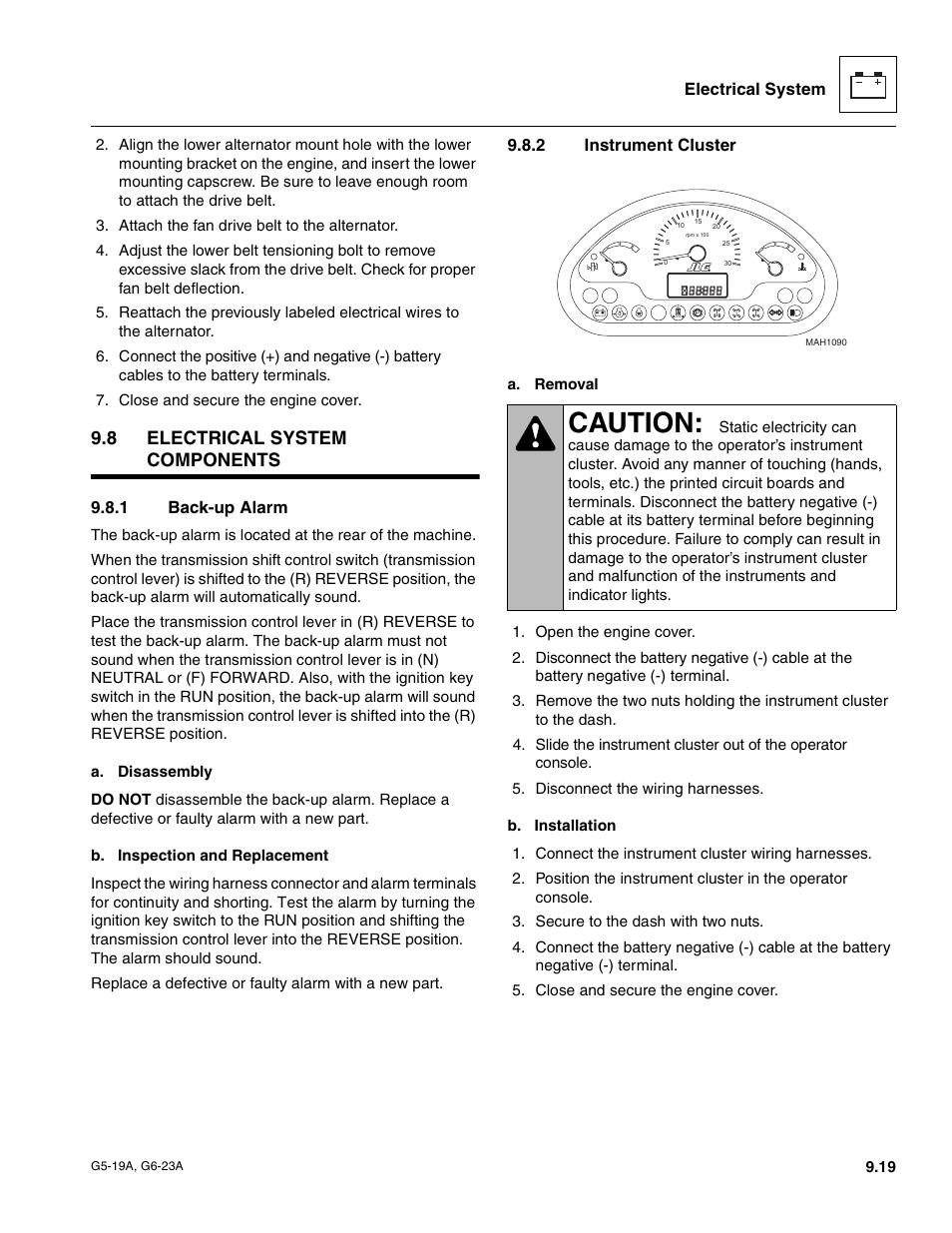 8 electrical system components, 1 back-up alarm, 2 instrument cluster | Electrical system components, Back-up alarm, Instrument cluster, Caution | JLG G6-23A Service Manual User Manual | Page 109 / 122
