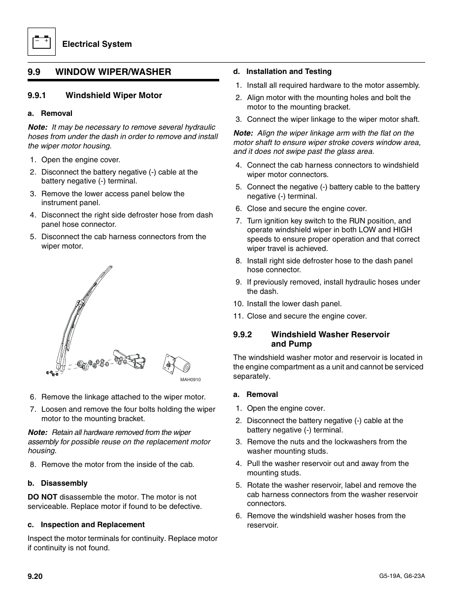 9 window wiper/washer, 1 windshield wiper motor, 2 windshield washer reservoir and pump | Window wiper/washer, Windshield wiper motor, Windshield washer reservoir and pump | JLG G6-23A Service Manual User Manual | Page 110 / 122