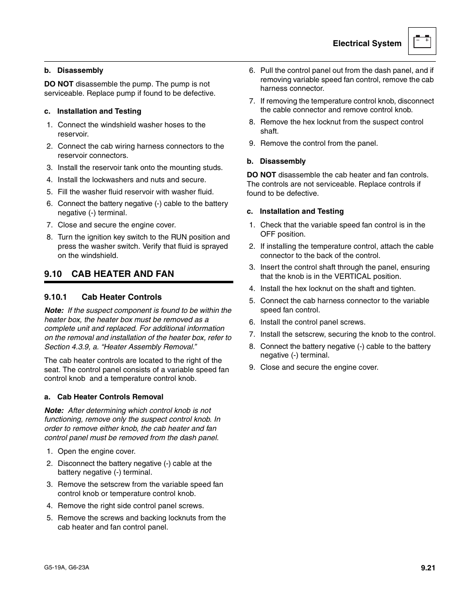 10 cab heater and fan, 1 cab heater controls, Cab heater and fan | Cab heater controls | JLG G6-23A Service Manual User Manual | Page 111 / 122