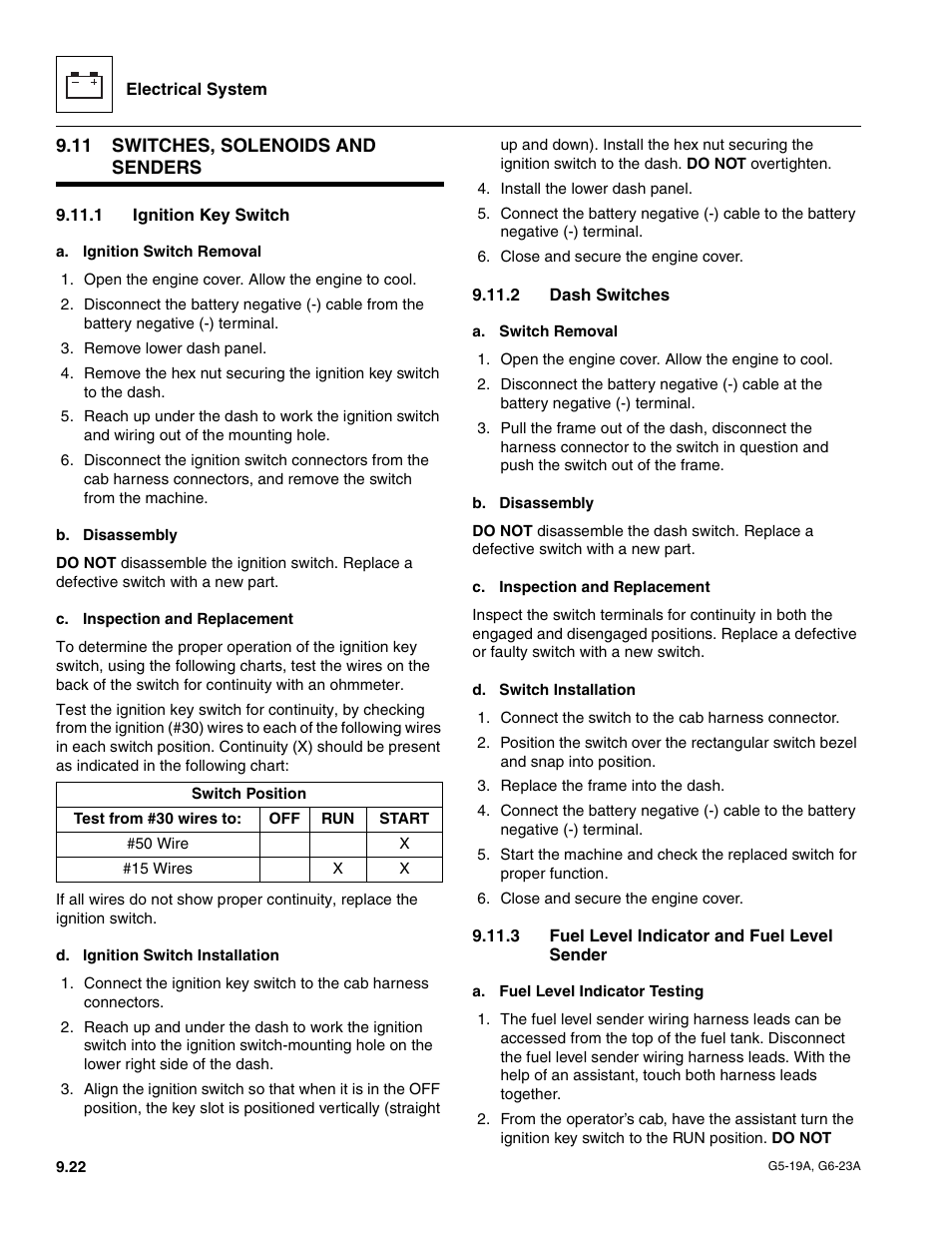 11 switches, solenoids and senders, 1 ignition key switch, 2 dash switches | 3 fuel level indicator and fuel level sender, Switches, solenoids and senders, Ignition key switch, Dash switches, Fuel level indicator and fuel level sender | JLG G6-23A Service Manual User Manual | Page 112 / 122