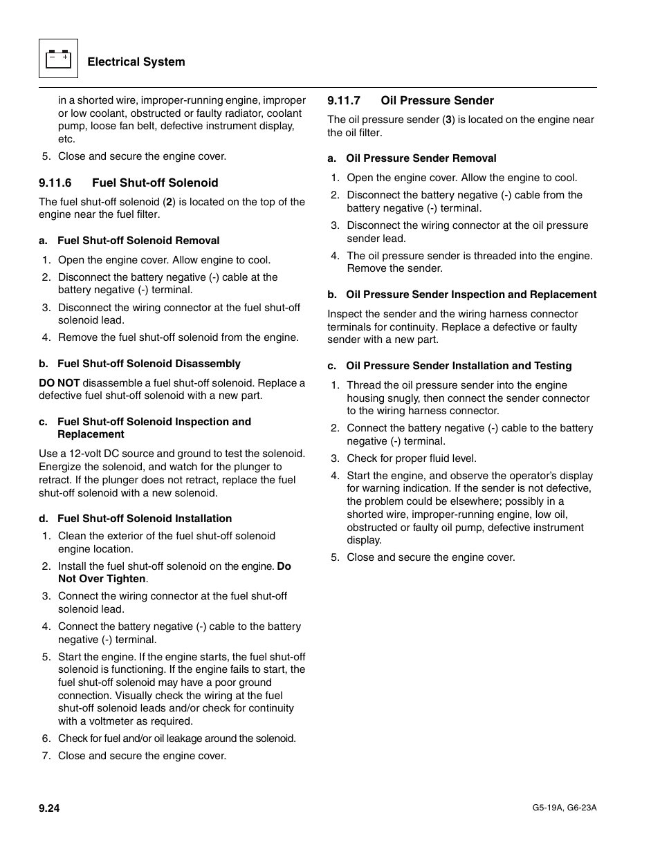 6 fuel shut-off solenoid, 7 oil pressure sender, Fuel shut-off solenoid | Oil pressure sender | JLG G6-23A Service Manual User Manual | Page 114 / 122