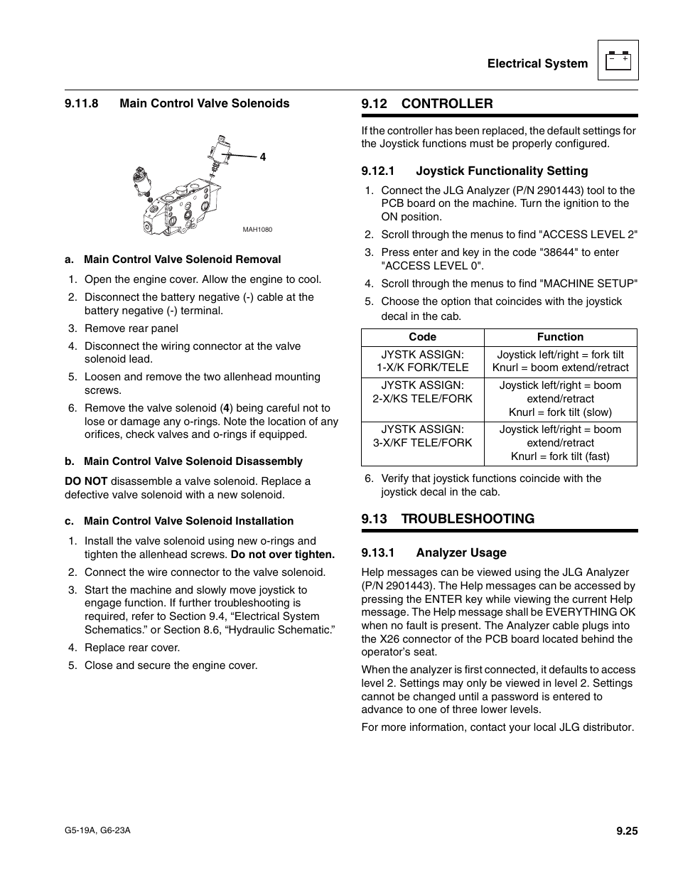 8 main control valve solenoids, 12 controller, 1 joystick functionality setting | 13 troubleshooting, 1 analyzer usage, Controller, Troubleshooting, Main control valve solenoids, Joystick functionality setting, Analyzer usage | JLG G6-23A Service Manual User Manual | Page 115 / 122