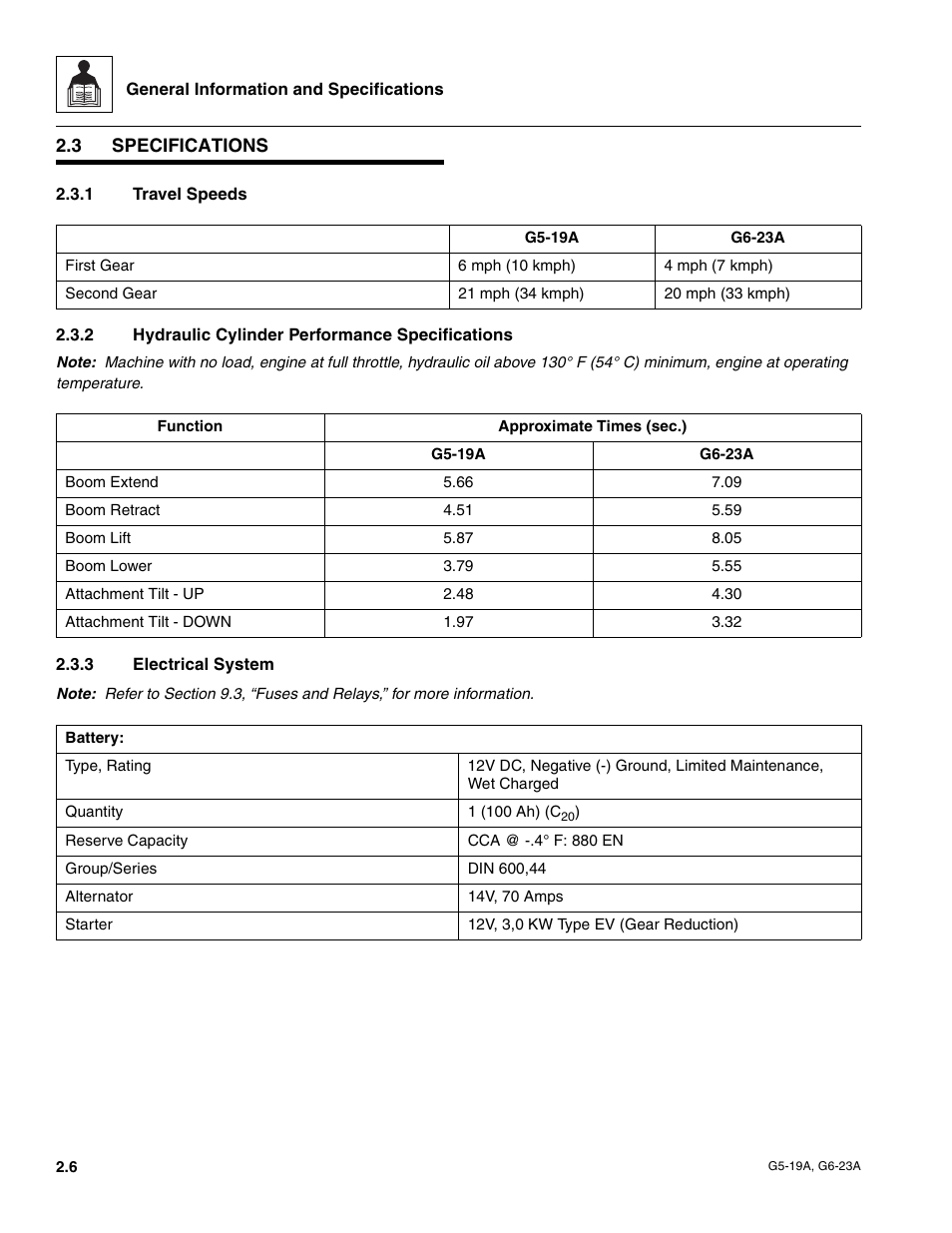 3 specifications, 1 travel speeds, 2 hydraulic cylinder performance specifications | 3 electrical system, Specifications, Travel speeds, Hydraulic cylinder performance specifications, Electrical system | JLG G6-23A Service Manual User Manual | Page 16 / 122
