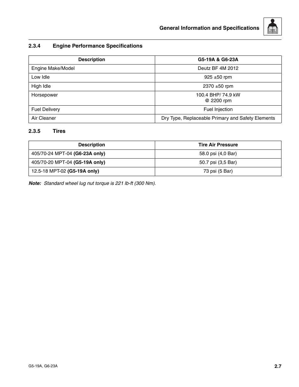 4 engine performance specifications, 5 tires, Engine performance specifications | Tires | JLG G6-23A Service Manual User Manual | Page 17 / 122