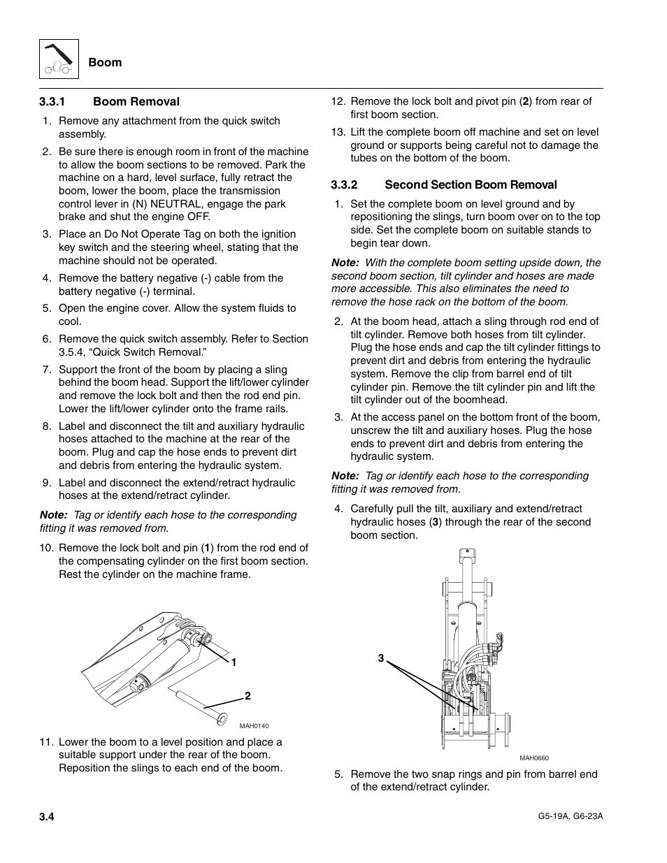 1 boom removal, 2 second section boom removal, Boom removal | Second section boom removal | JLG G6-23A Service Manual User Manual | Page 26 / 122